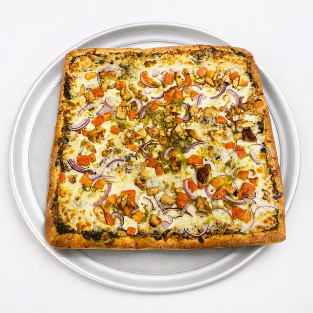 Sicilian Chicken Pesto Pizza.