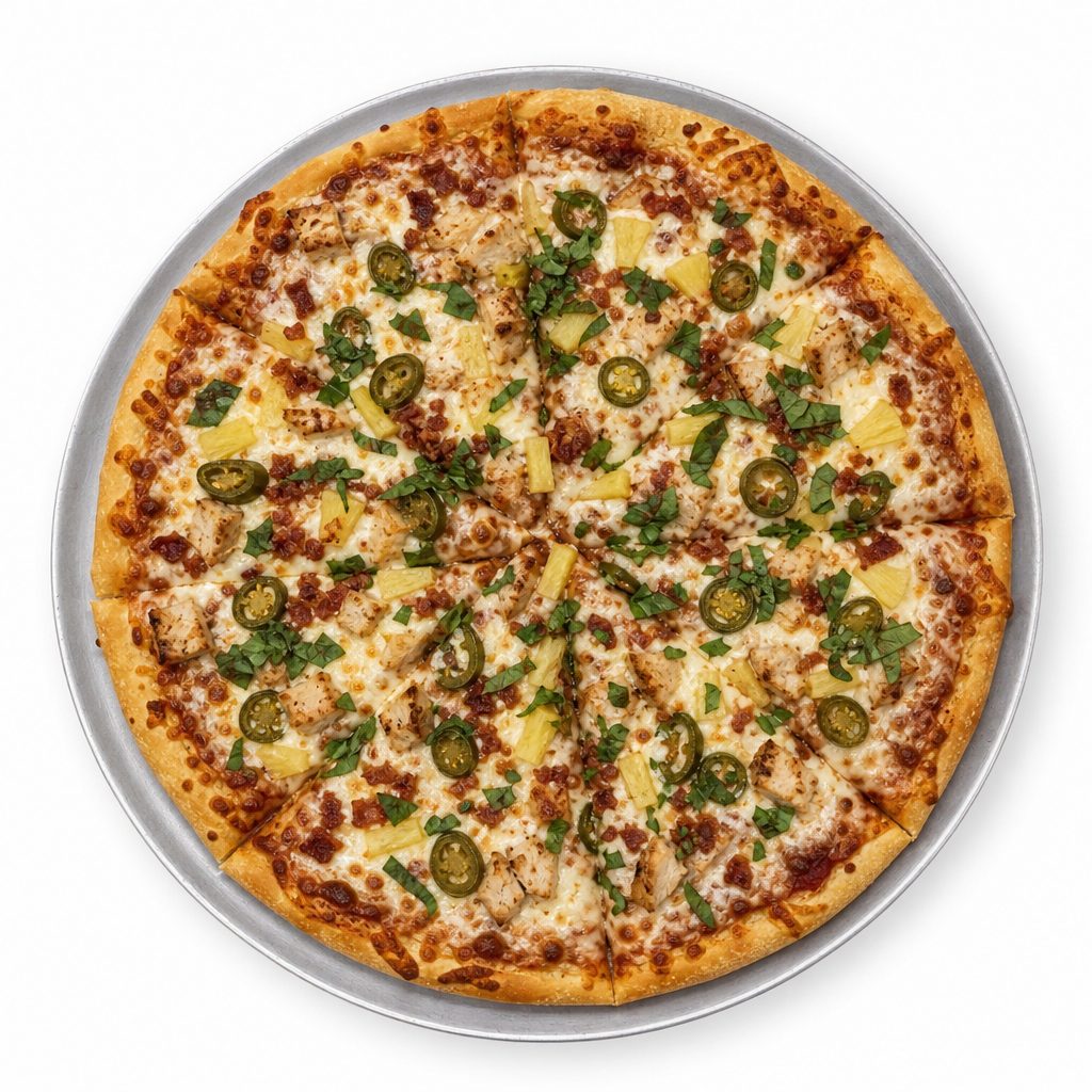 Spicy Hawaiian Chicken Pizza Slice.