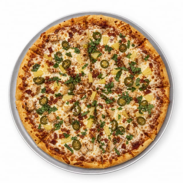 Spicy Hawaiian Chicken Pizza Slice.