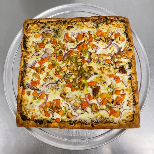 Sicilian Chicken Pesto Pizza.