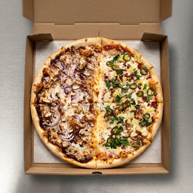 Spicy Hawaiian Chicken Pizza Slice.